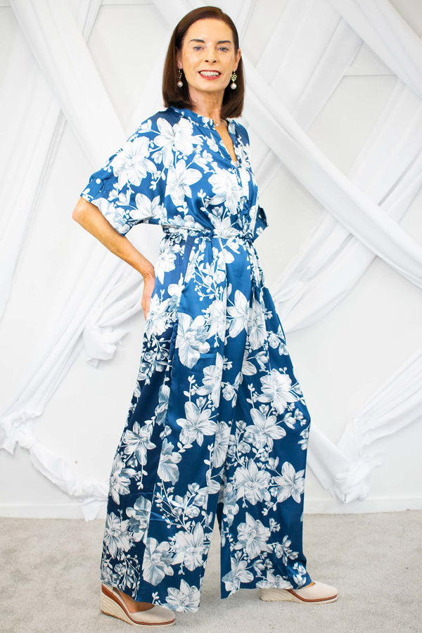 Florence Tie Waist Jumpsuit in  Navy Floral