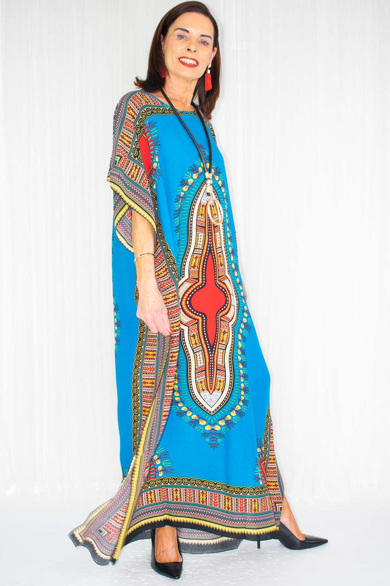 Kailani Kaftan Dress in Sky Blue with Multi