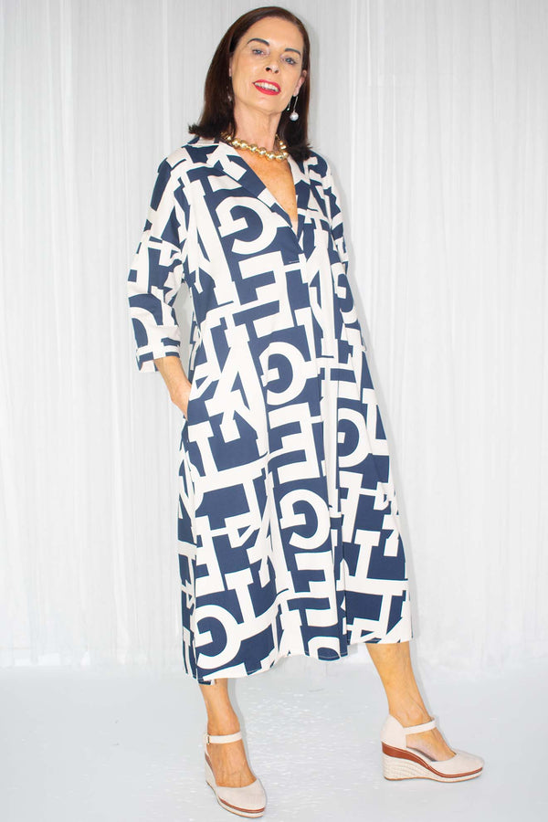 Verona Bold Letter Dress in Navy with Beige