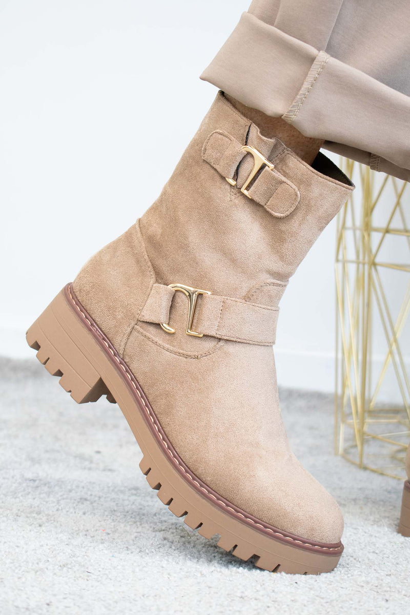 Kentucky Gold Detail Boot in Biscuit faux suede