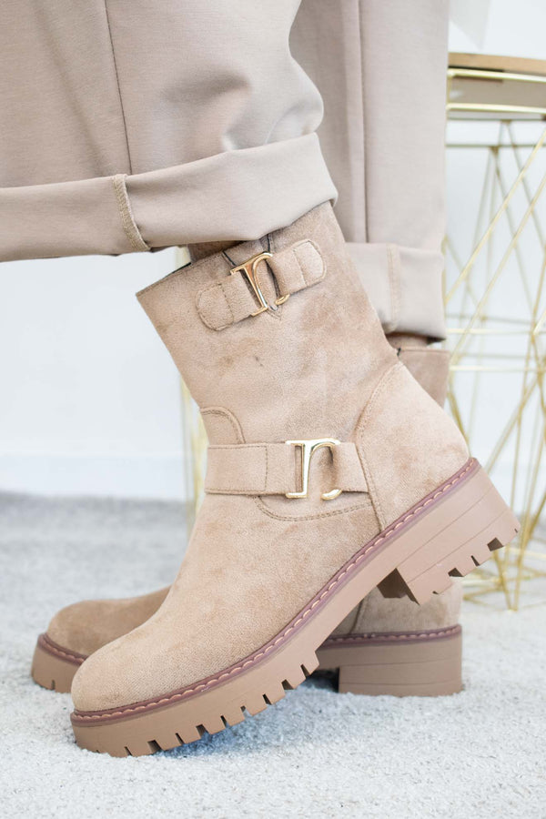 Kentucky Gold Detail Boot in Biscuit faux suede