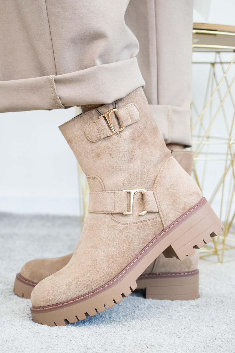Kentucky Gold Detail Boot in Biscuit faux suede