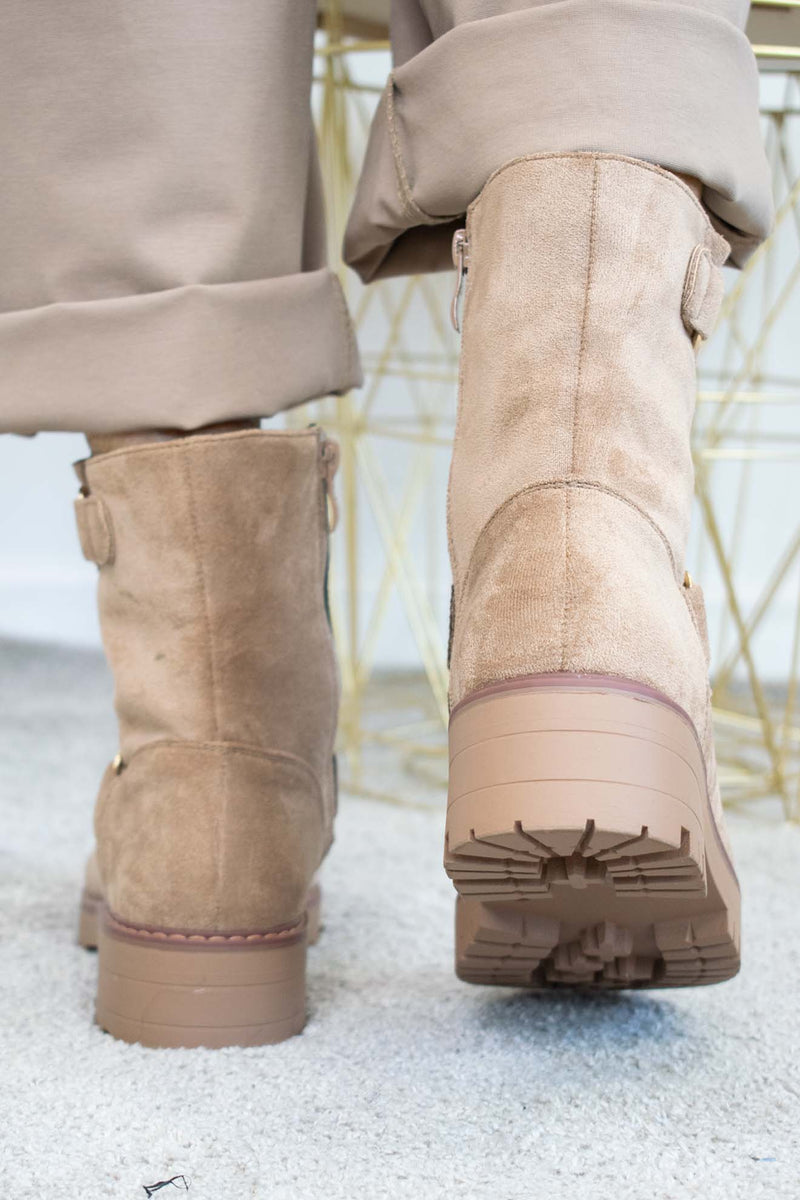 Kentucky Gold Detail Boot in Biscuit faux suede