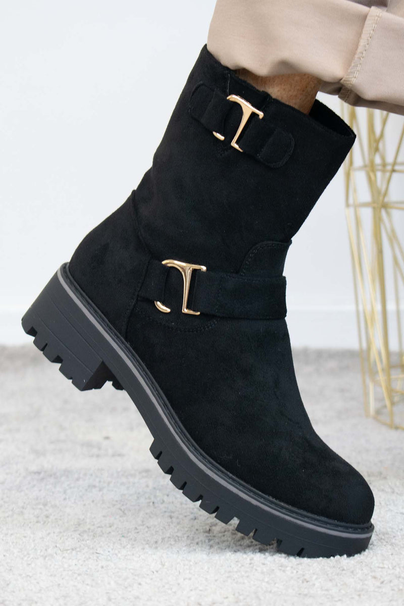 Kentucky Gold Detail Boot in Black faux suede