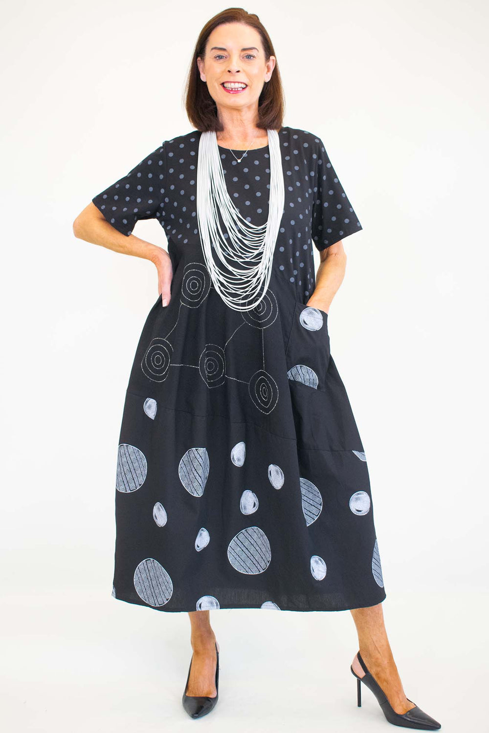 Clara Circle Print Cocoon Dress in Monochrome