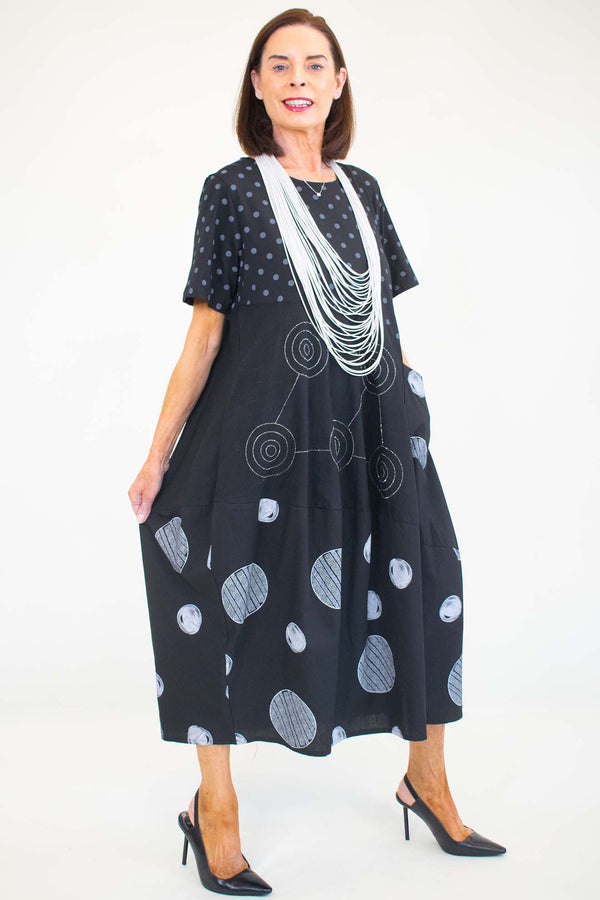 Clara Circle Print Cocoon Dress in Monochrome