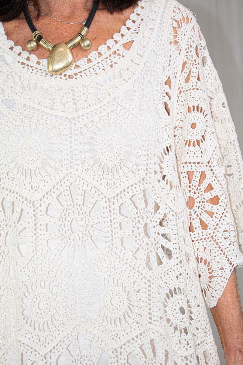 Ariana Crochet Bell Sleeve Dress in Warm Beige