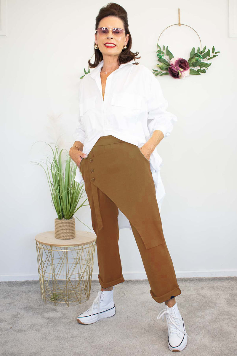 Harlow Button Detail Trouser in Camel