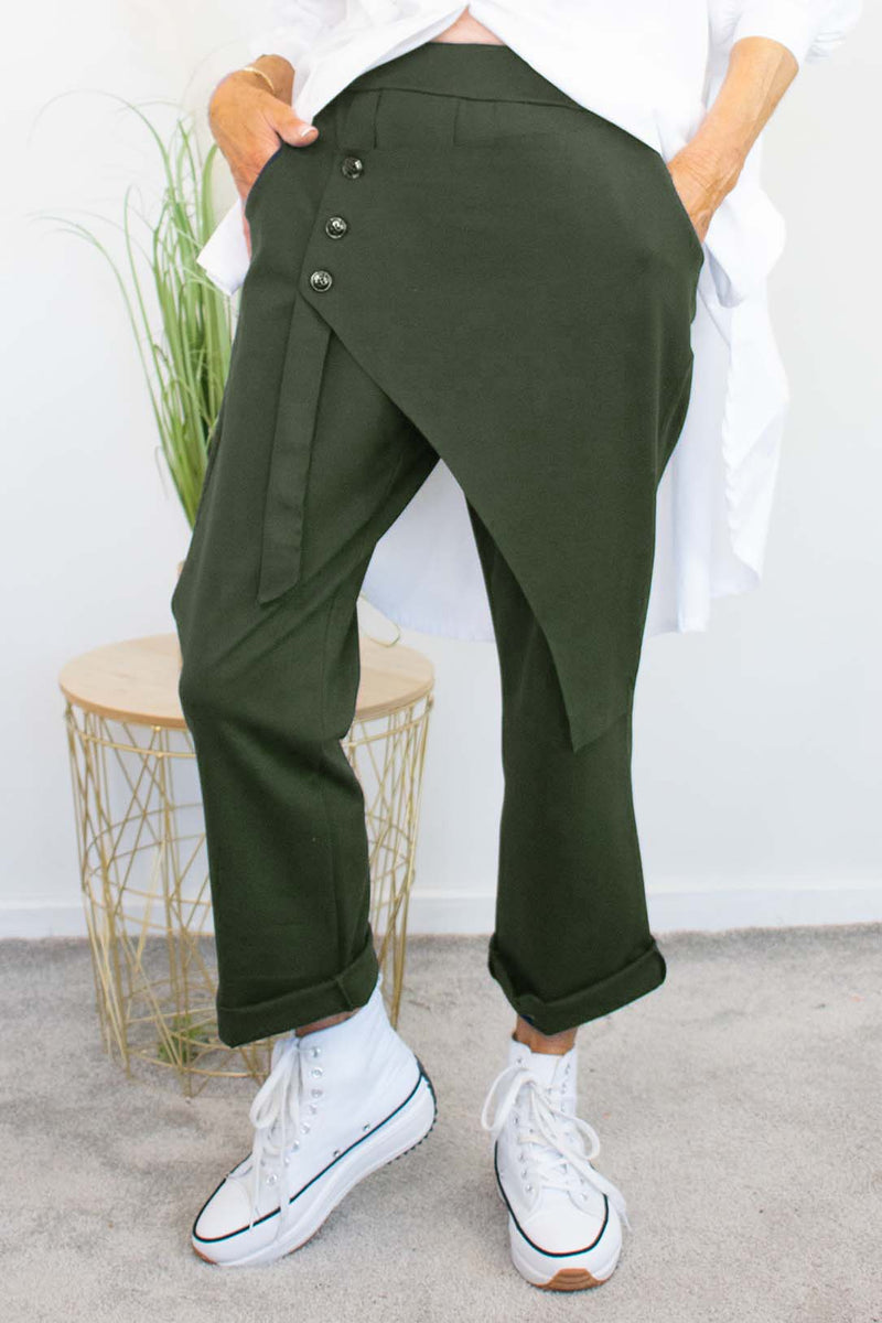 Harlow Button Detail Trouser in Khaki