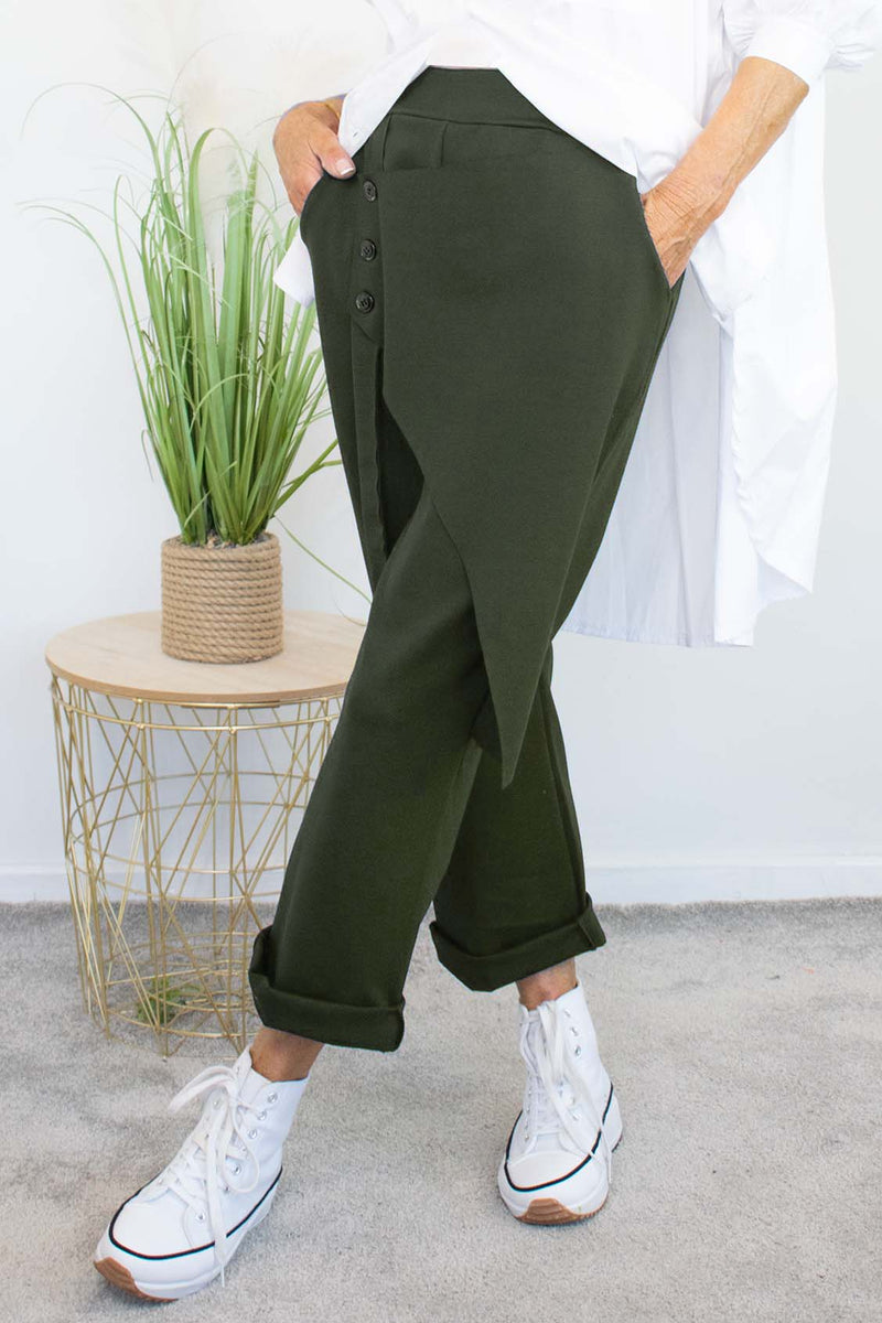 Harlow Button Detail Trouser in Khaki