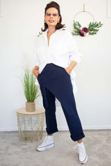 Harlow Button Detail Trouser in Fresh Navy