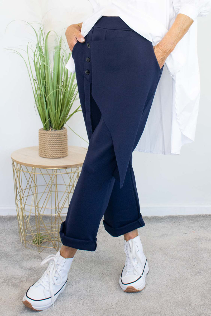 Harlow Button Detail Trouser in Fresh Navy