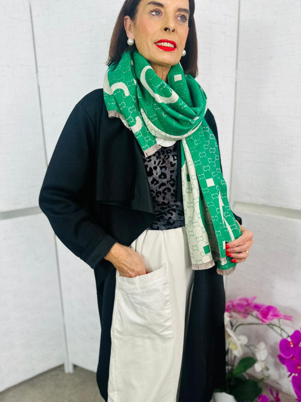 Winnifred reversible scarf in emerald green and beige