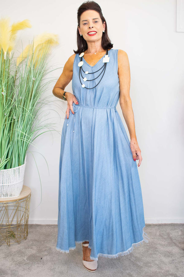 Chambray Denim Maxi Dress in Blue