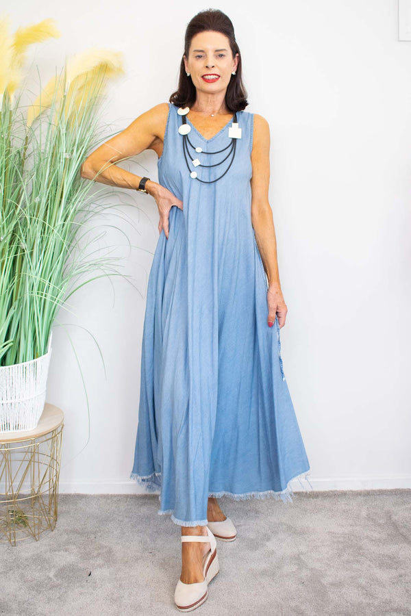 Chambray Denim Maxi Dress in Blue