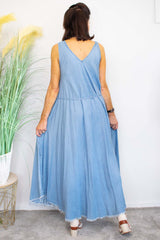 Chambray Denim Maxi Dress in Blue