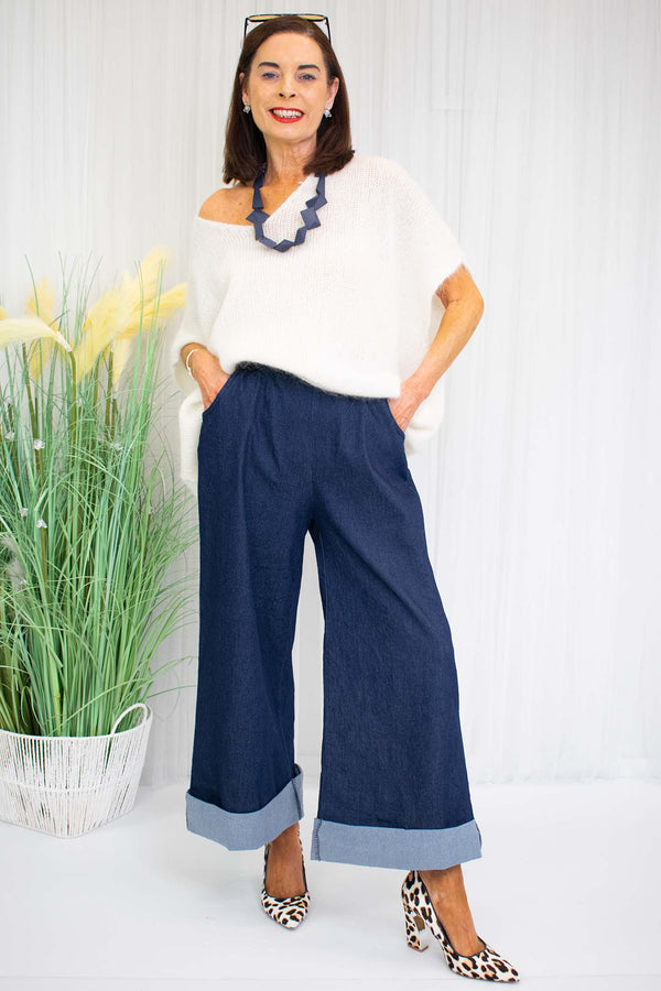 Emily Turn Up Hem Denim Trouser Dark Wash - Bond Street Store