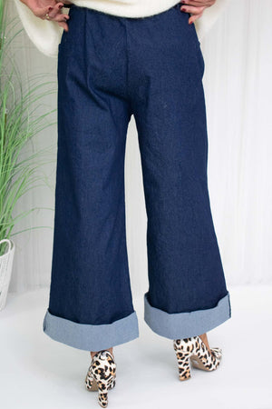 Emily Turn Up Hem Denim Trouser Dark Wash - Bond Street Store