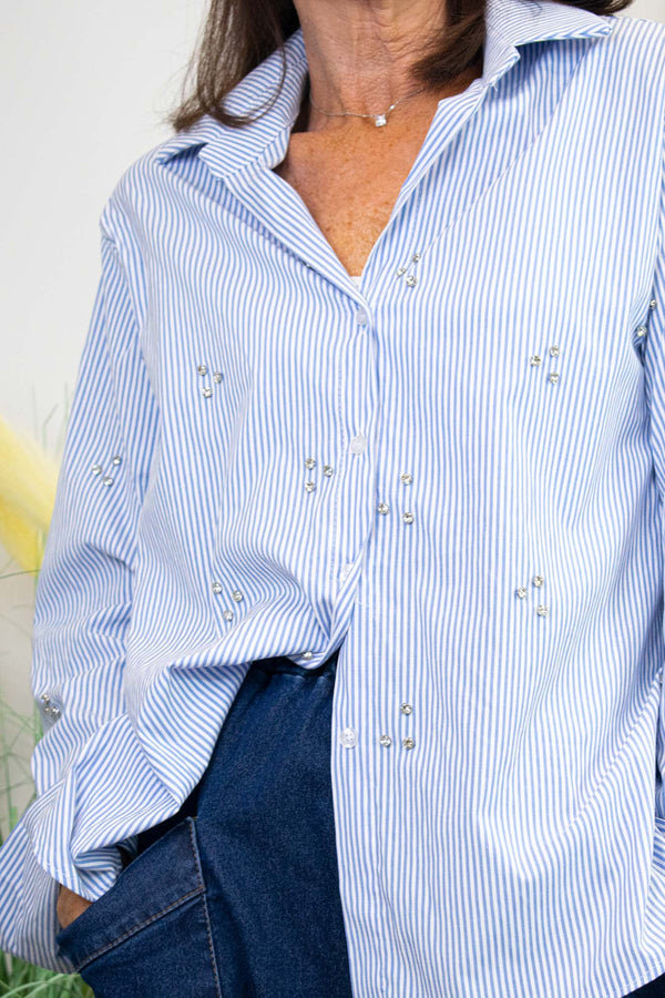 Dina Diamante Shirt in Navy Pinstripe