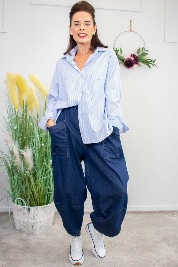Dina Diamante Shirt in Navy Pinstripe