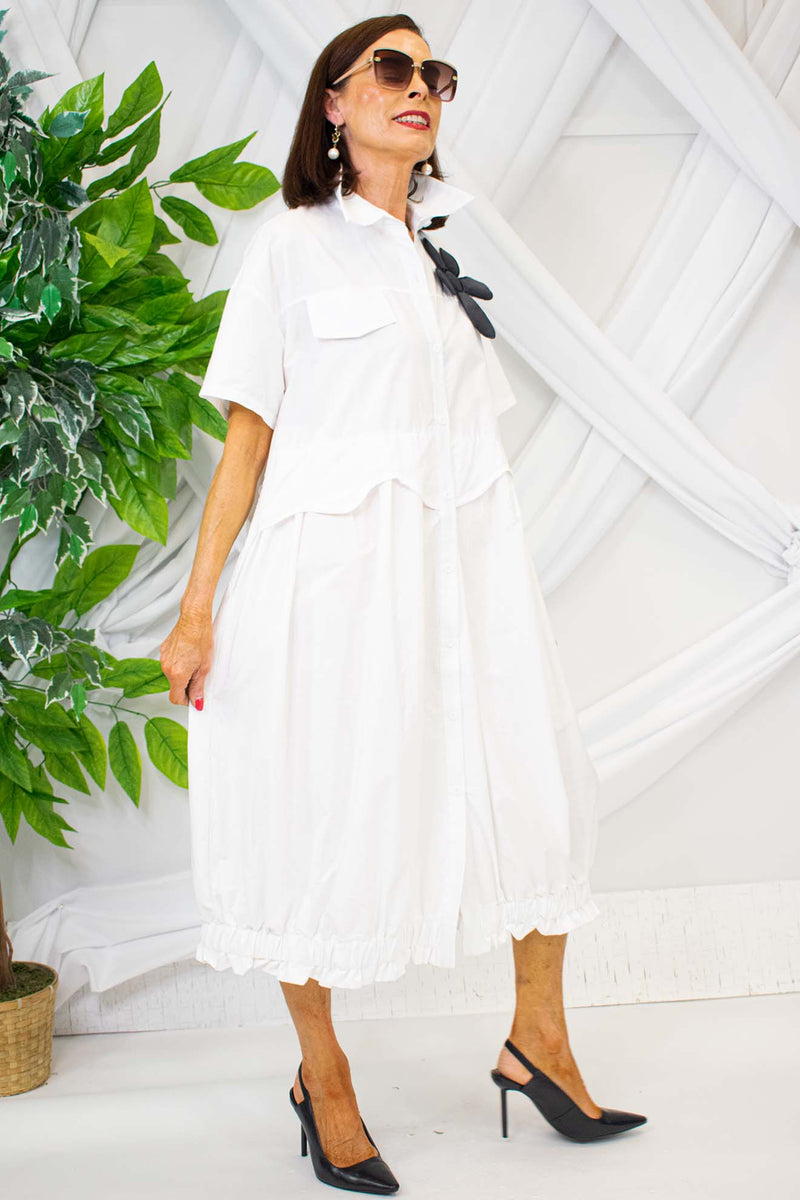 Elegant Evana Flower Shirt Dress in White with Black