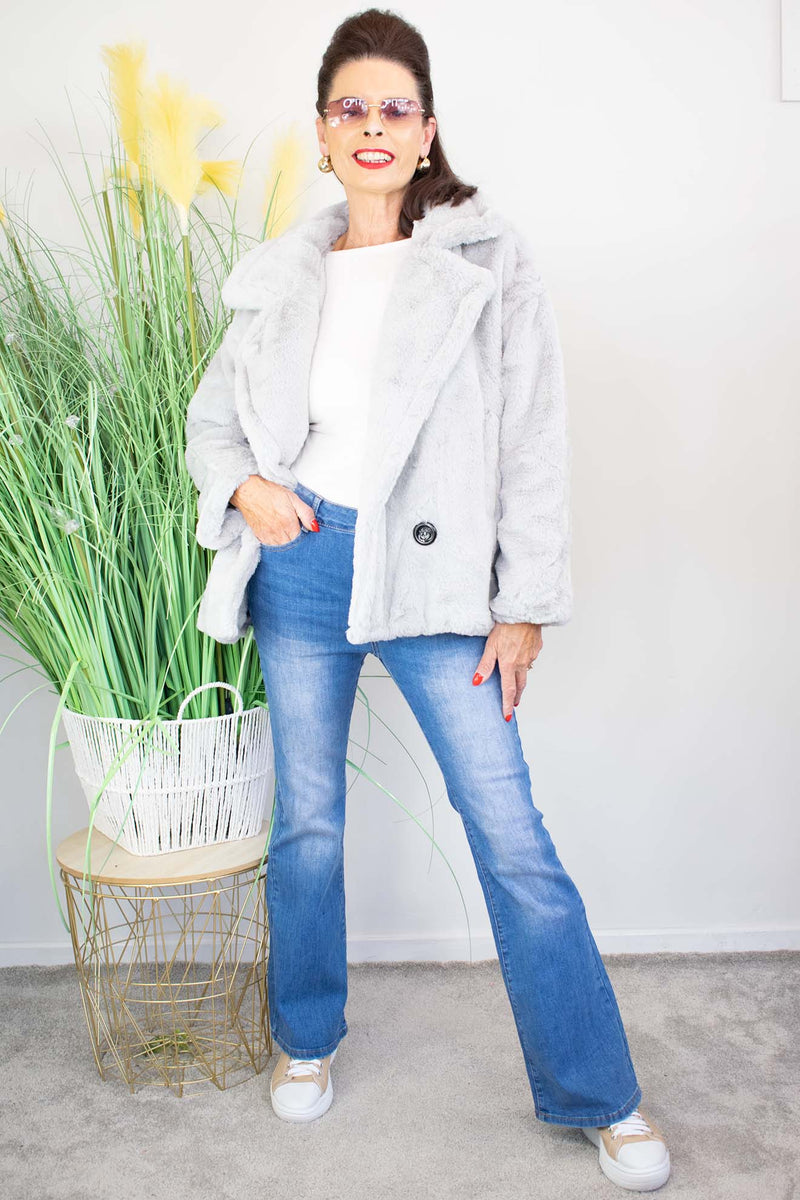 Luxury Faux Fur Biker Jacket in Silver Grey