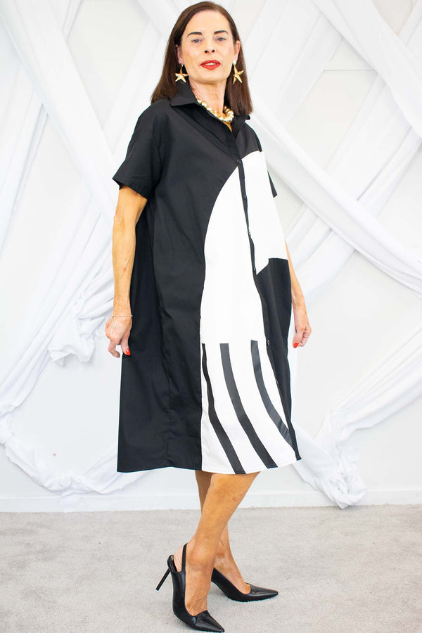 Gilly Geometric Shirt Dress in Black with White