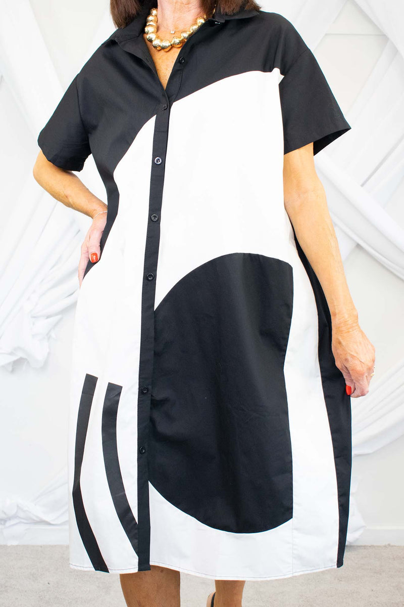 Gilly Geometric Shirt Dress in Black with White