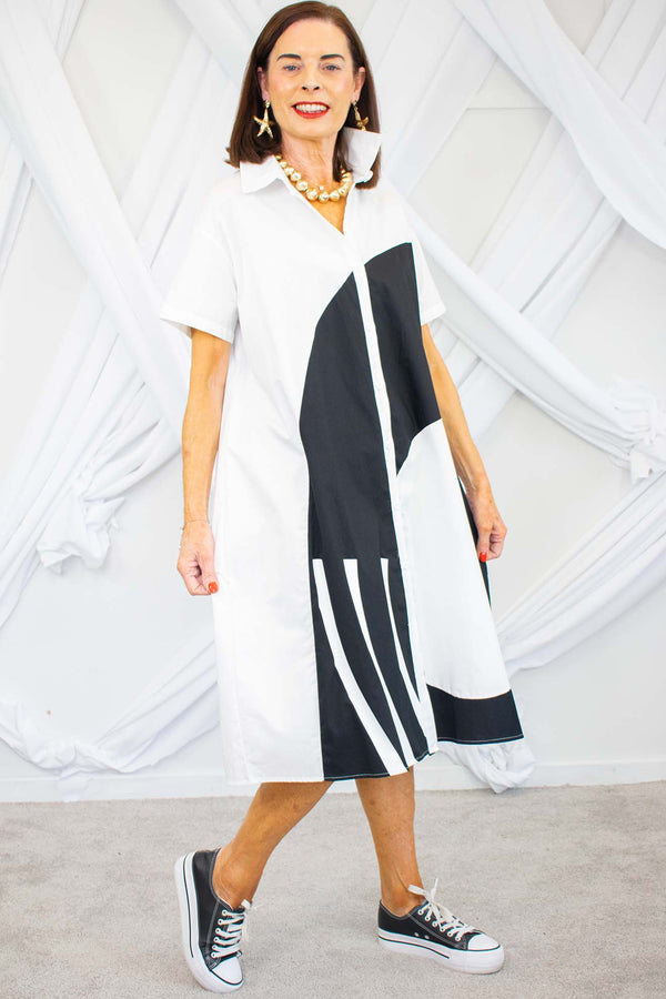 Gilly Geometric Shirt Dress in White with Black