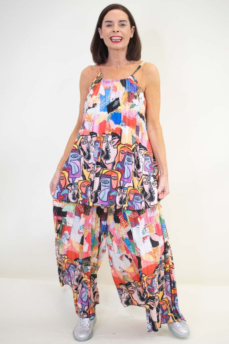 Senorita Pleat Suit in Multi Geometric Face Print