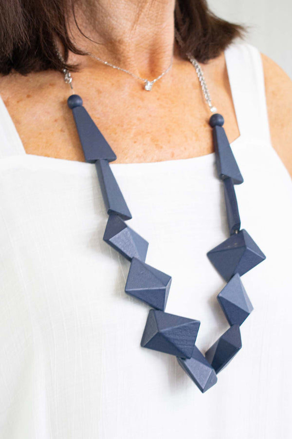 Geometric Wooden Necklace in Fresh Navy