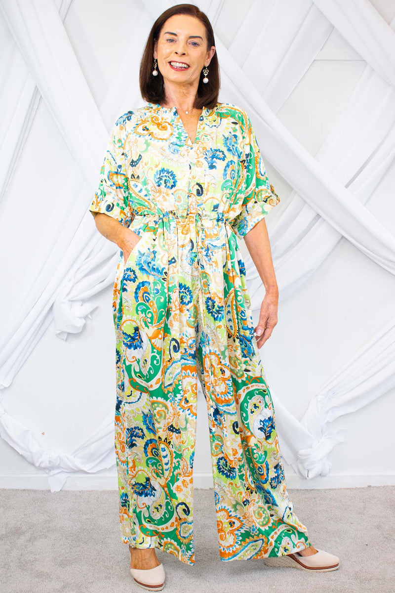 Florence Tie Waist Jumpsuit in Green Paisley Print