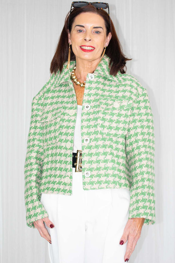 Tiana Tweed Style Houndstooth Jacket in Jade Green