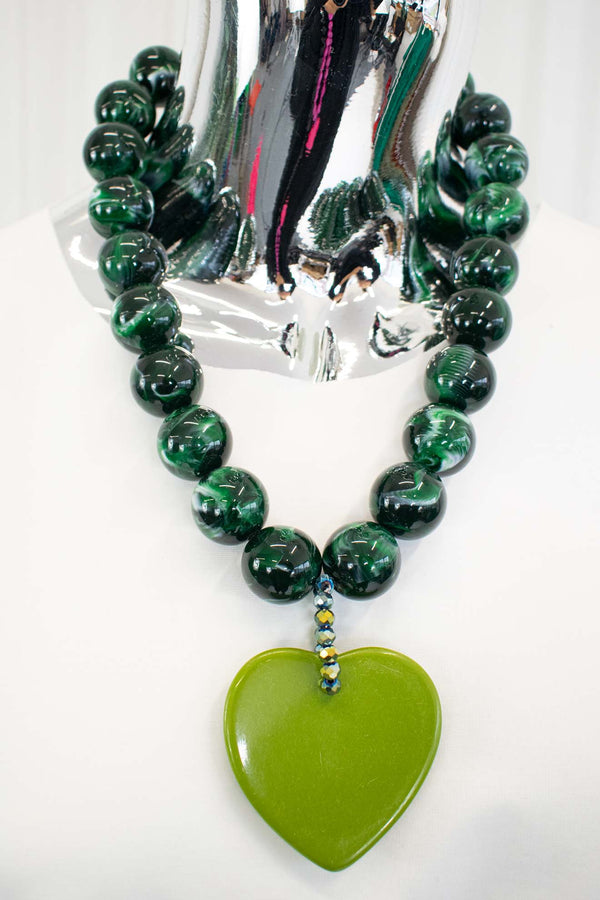 Beaded Heart Marble Effect Necklace in Jade Green
