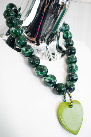 Beaded Heart Marble Effect Necklace in Jade Green
