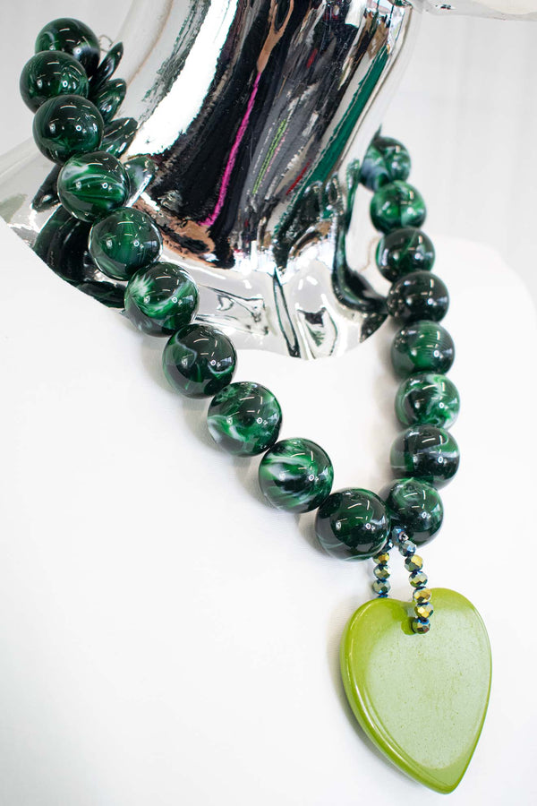 Beaded Heart Marble Effect Necklace in Jade Green