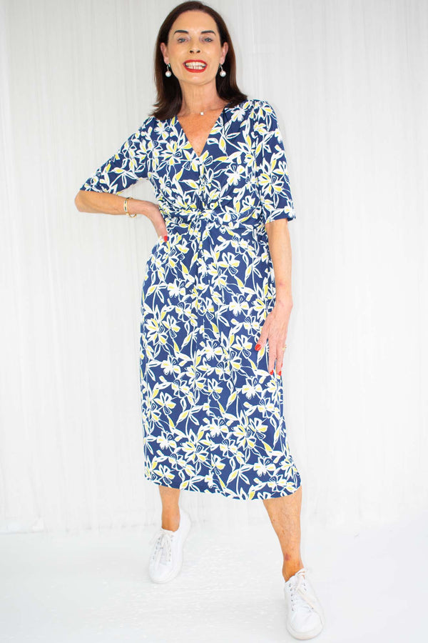 Camille Cinched Waist Tropical Print Midi Dress In Navy and Yellow