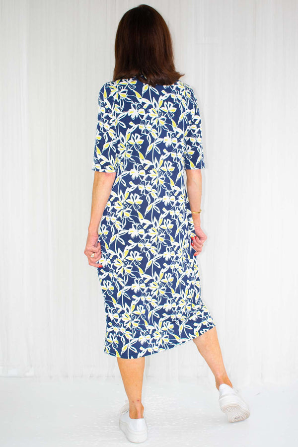 Camille Cinched Waist Tropical Print Midi Dress In Navy and Yellow