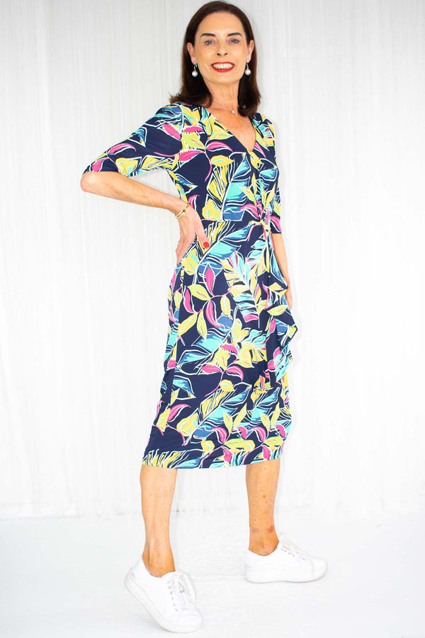 Camille Cinched Waist Tropical Print Midi Dress in Navy with Yellow