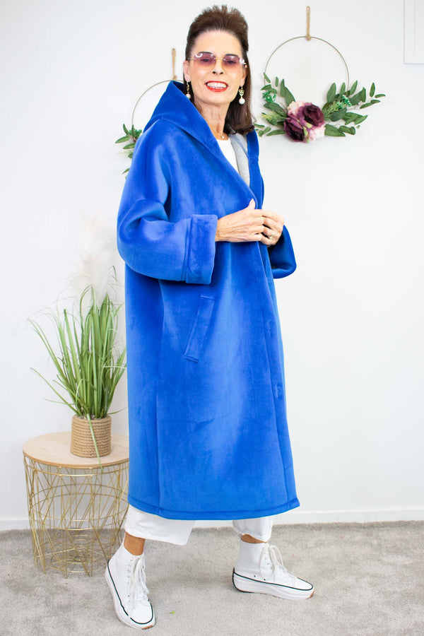 Luxury Montreal Longline Hooded Coat in Electric Blue
