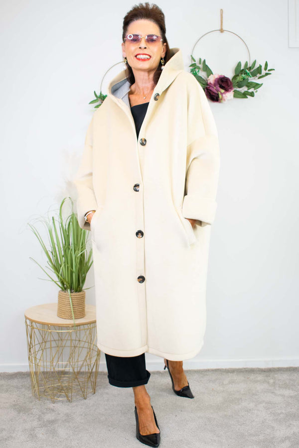 Luxury Montreal Longline Hooded Coat in Warm Beige