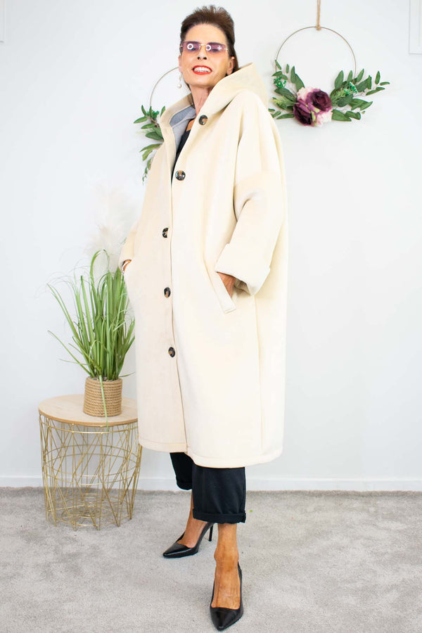 Luxury Montreal Longline Hooded Coat in Warm Beige