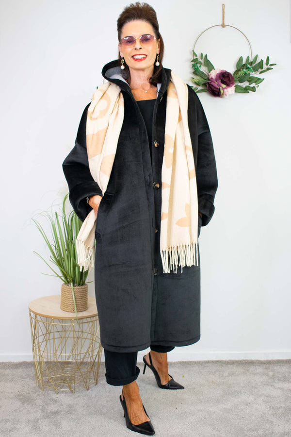 Luxury Montreal Longline Hooded Coat in Black