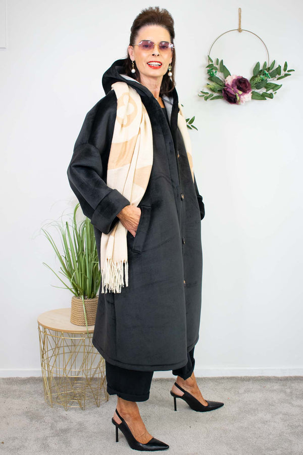 Luxury Montreal Longline Hooded Coat in Black