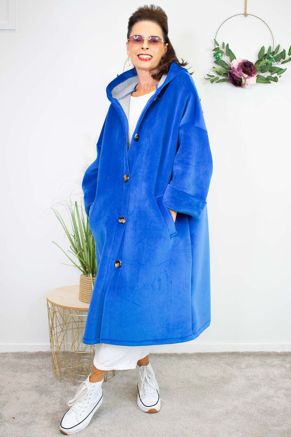 Luxury Montreal Longline Hooded Coat in Electric Blue