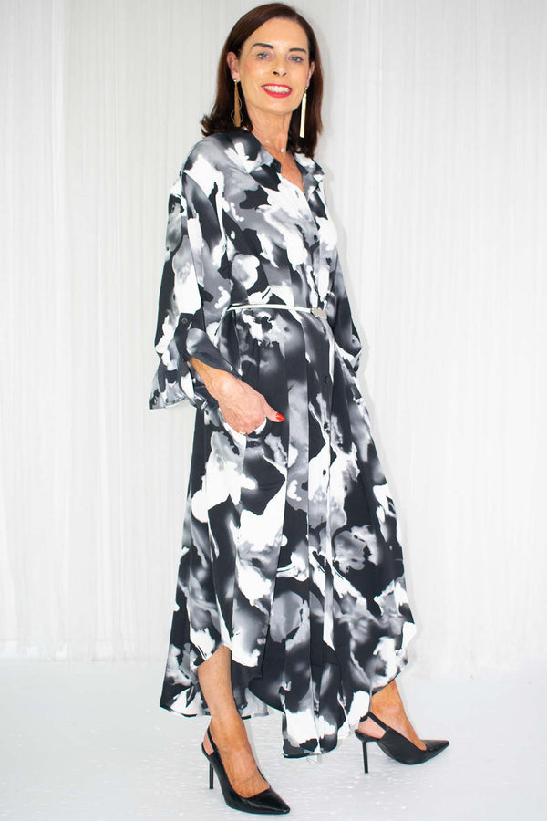 Ivy Abstract Longline Shirt Dress in Black with White
