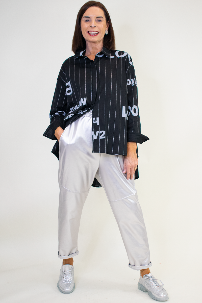 Purdy Pinstripe Letter Shirt in Classic Black