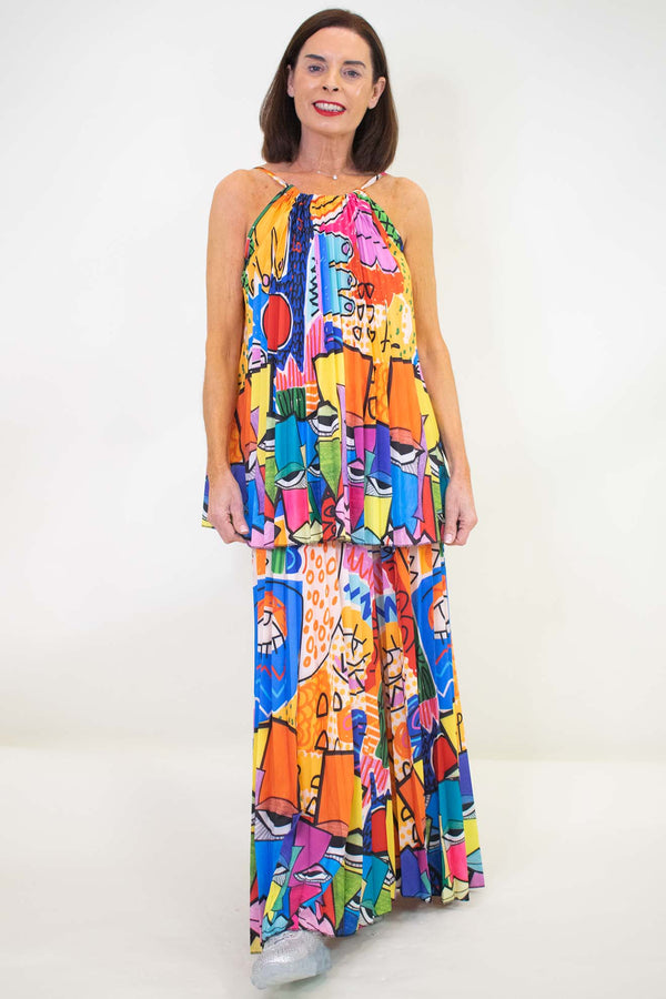 Senorita Pleat Suit in Blue and Orange Abstract Print