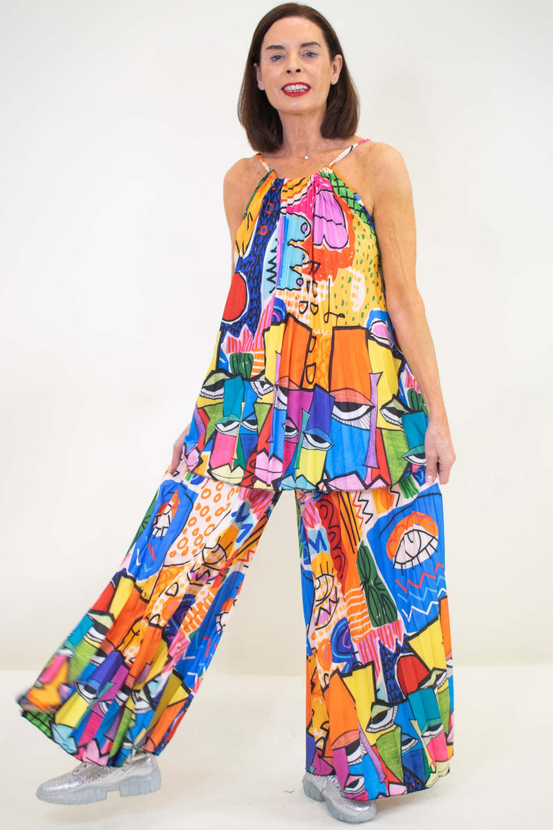 Senorita Pleat Suit in Blue and Orange Abstract Print