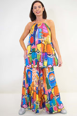 Senorita Pleat Suit in Blue and Orange Abstract Print